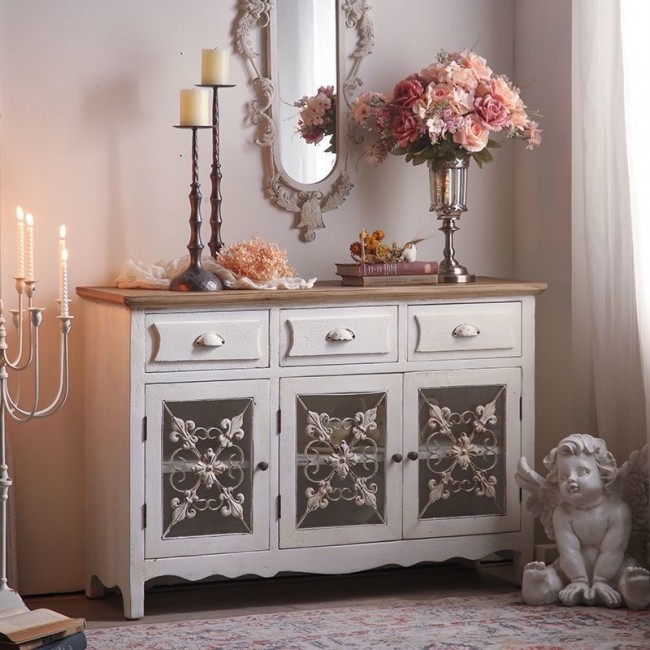 كونسول جداري مصنوع من الخشب الطبيعي مطعّم بالمعدن المشغول والزجاج L8106