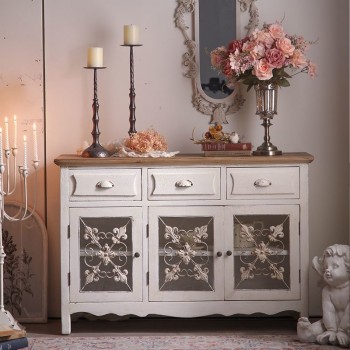 كونسول جداري مصنوع من الخشب الطبيعي مطعّم بالمعدن المشغول والزجاج L8106