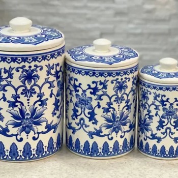 طقم حافظات  سيراميك بغطا متعددة الاستخدام بنقوش زرقاء 3 قطع -L4588