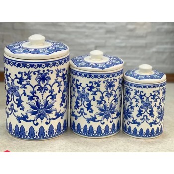 طقم حافظات سيراميك بغطا متعددة الاستخدام بنقوش زرقاء 3 قطع -L4588 طقم حافظات سيراميك بغطا متعددة الاستخدام بنقوش زرقاء 3 قطع -L4588