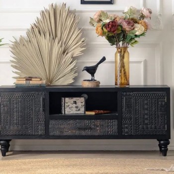 طاوله تلفزيون خشب صلب اسود حفر يدوي بتصميم عصري حديث -L4702