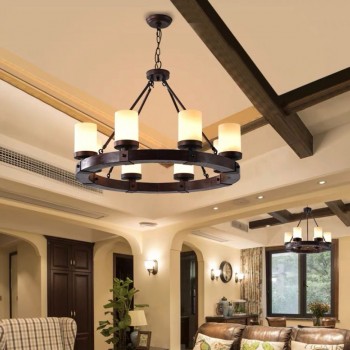 ثريا سقفيه مودرن خشب زان ومعدن من 8 لنبات LED -90024