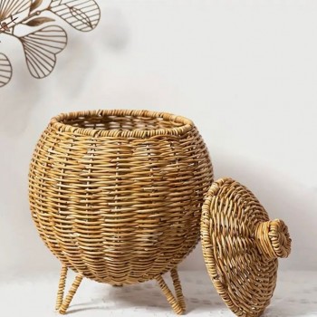 سله تخزين منسوجه يدويا بغطاء مع قواعد L3586-