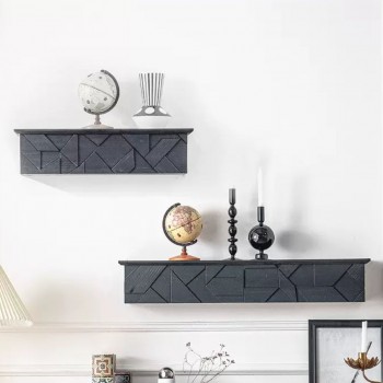 رف جداري خشب منحوت  اسود باشكال هندسيه متوفر الحجمين -4001