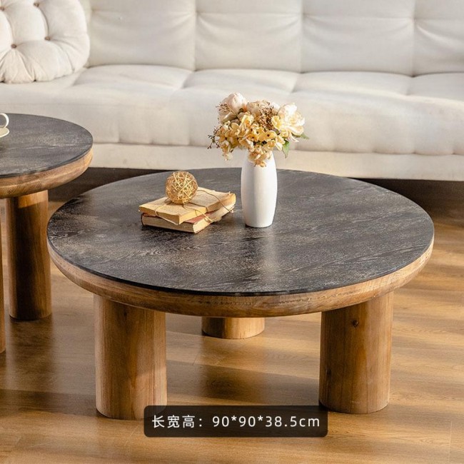 طقم طاولتين بسطح دائري من خشب الصنوبر الطبيعي وبملمس طبيعي متوفر طقم الحجمين L3933