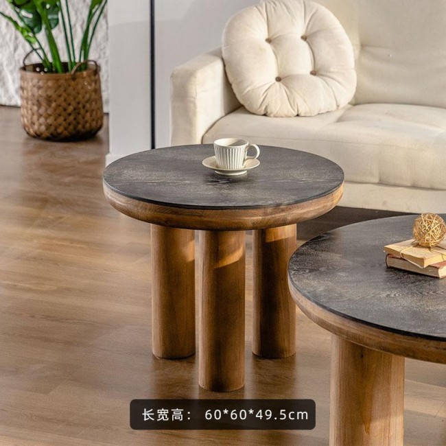 طقم طاولتين بسطح دائري من خشب الصنوبر الطبيعي وبملمس طبيعي متوفر طقم الحجمين L3933