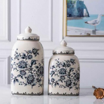 فازه بغطاء سيراميك نقوش زرقاء متوفر الحجمينL6628