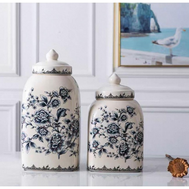 فازه بغطاء سيراميك نقوش زرقاء متوفر الحجمينL6628 فازه بغطاء سيراميك نقوش زرقاء متوفر الحجمينL6628