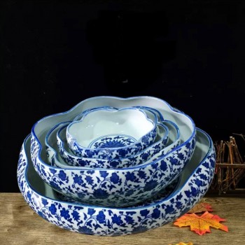 طقم صحن سيراميك مزخرف بنقوش زرقاء بتصميم فاخر 5قطع 6972