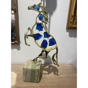 تحفة حصان مكتبي مطعم بلورات زجاج زرقاء بقاعدة رخام 5950-1-
