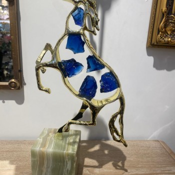 تحفة حصان مكتبي مطعم بلورات زجاج زرقاء بقاعدة رخام 5950-1-