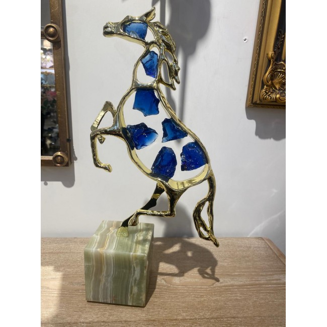 تحفة حصان مكتبي مطعم بلورات زجاج زرقاء بقاعدة رخام 5950-1-