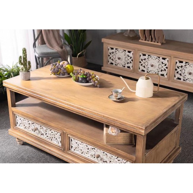 طاولة قهوه وسط من خشب طبيعي حفر يداوي انيق لديكور المنزل 7854