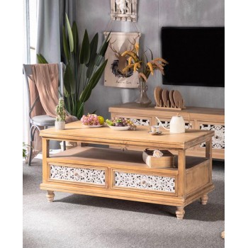 طاولة قهوه وسط من خشب طبيعي حفر يداوي انيق لديكور المنزل 7854