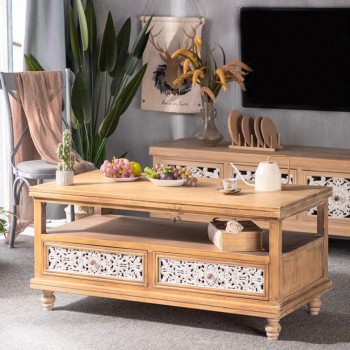 طاولة قهوه وسط من خشب طبيعي حفر يداوي انيق لديكور المنزل 7854