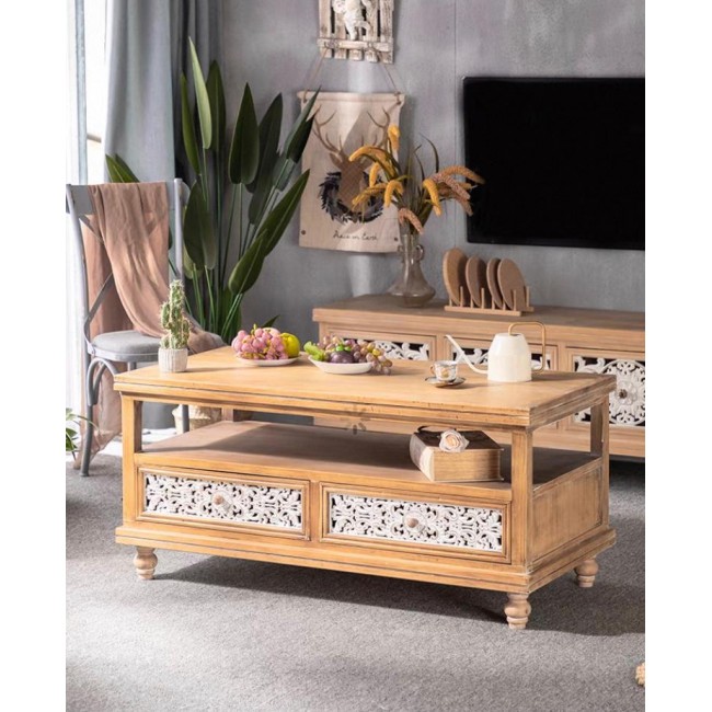 طاولة قهوه وسط من خشب طبيعي حفر يداوي انيق لديكور المنزل 7854