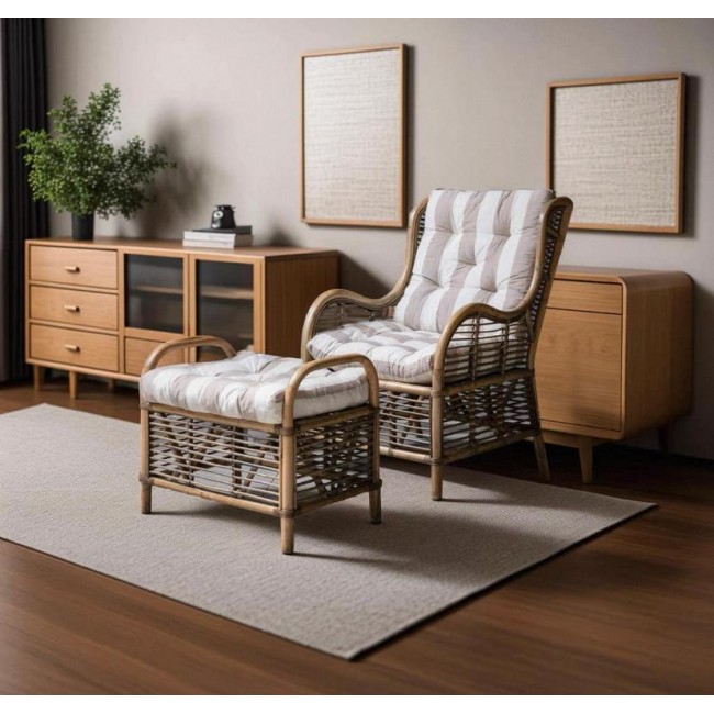 كرسي مفرد استرخاء منسوج يدويا من خشب ومقعد بف لغرفة المعيشه -L7757