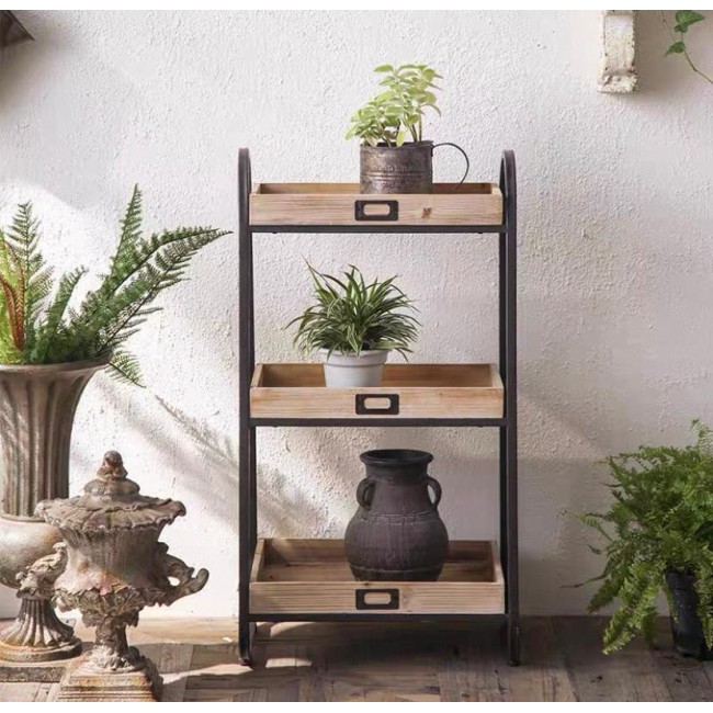 حامل زهور أرضي معدن بأرفف خشب على الطراز الامريكي 8061