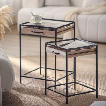 طاولة خدمة خشب طقم  بتصميم مودرن بقواعد معدن 8086