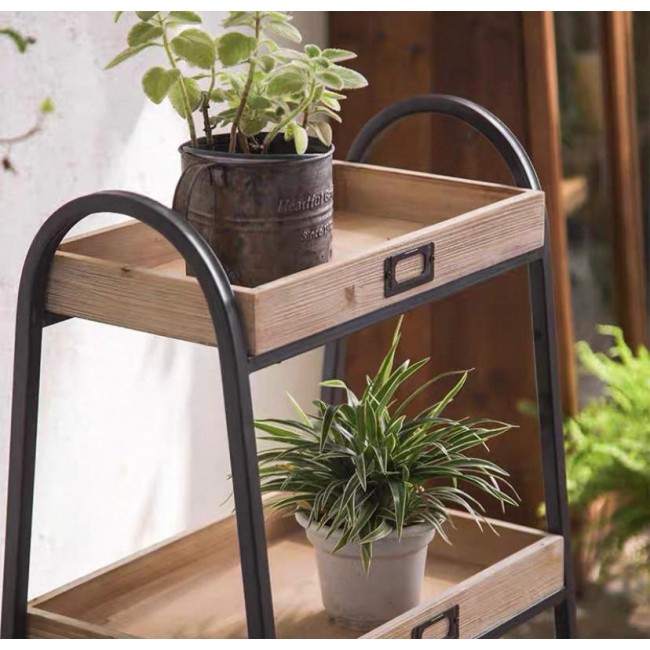 حامل زهور أرضي معدن بأرفف خشب على الطراز الامريكي 8061