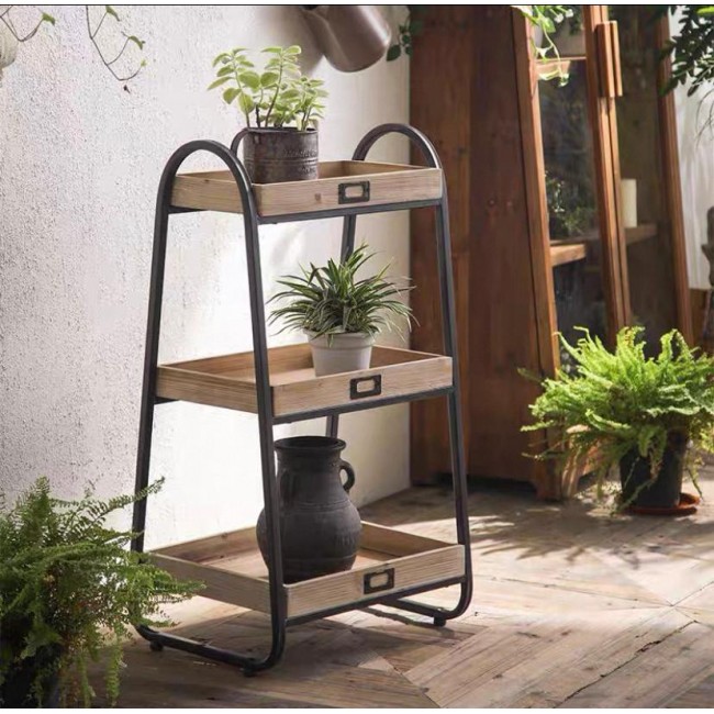 حامل زهور أرضي معدن بأرفف خشب على الطراز الامريكي 8061