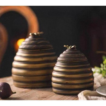 طقم برطمان معدن ذهبي معتق بتصميم خلية نحل 8154