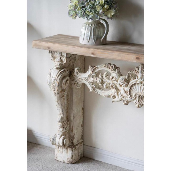 كونسول جداري خشب طبيعي أبيض منحوت بتصميم روماني شابي شيك 7401