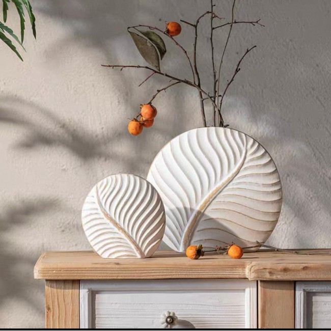 فازة خشب بتصميم ورق شجر مثالي لديكور المنزل متوفر 3 احجام  7825