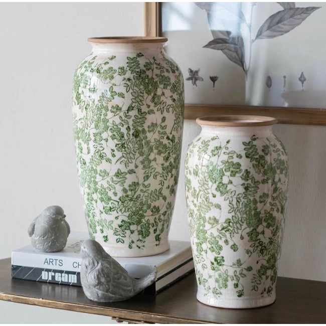 فازة سيراميك بنقوش الورد الخضراء فنتيج ستايل متوفر الحجمين 7442