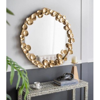 مرايا دائري جداري باطار ورد معدن ذهبي بتصميم مودرن 7717