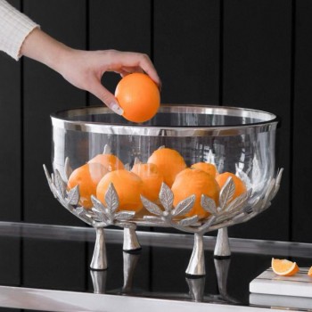 صحن تقديم زجاج مزدوج بمعدن مشغول يدويا بستايل حديث 7428