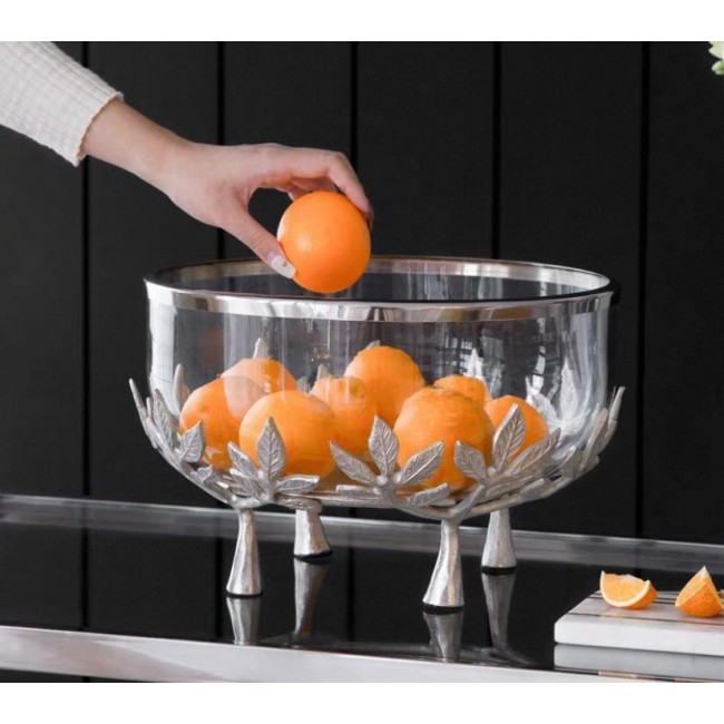 صحن تقديم زجاج مزدوج بمعدن مشغول يدويا بستايل حديث 7428