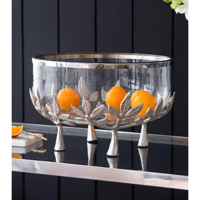 صحن تقديم زجاج مزدوج بمعدن مشغول يدويا بستايل حديث 7428