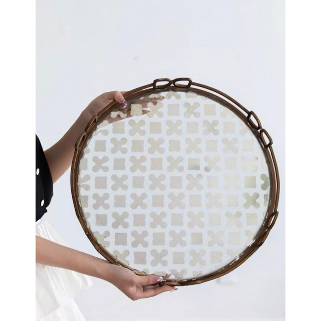 صينية تقديم معدن ذهبي زجاج بتصميم عصري متوفر الحجمين  7653