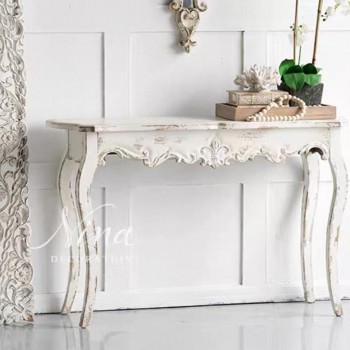 كونسول جداري معتق أبيض من خشب الطبيعي بستايل شابي شيك L7767