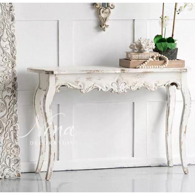 كونسول جداري معتق أبيض من خشب الطبيعي بستايل شابي شيك L7767