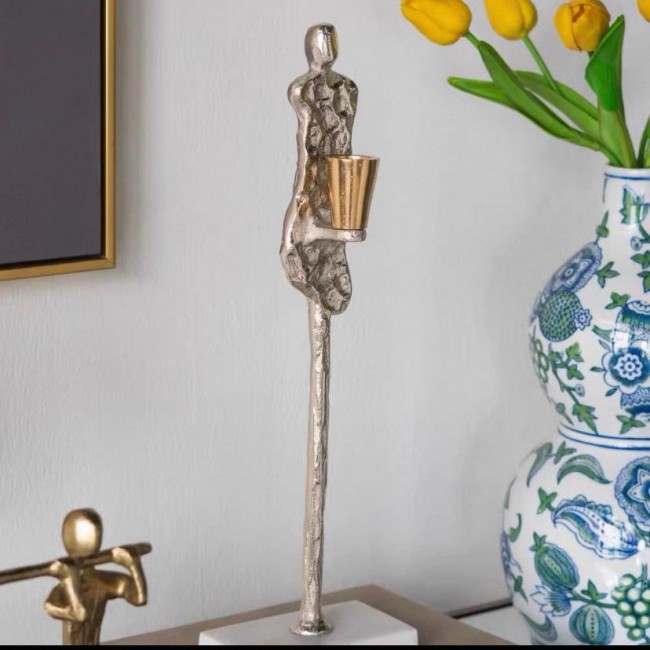 شمعدان معدن فضي بقاعده رخامي بتصميم مودرن متوفر شكلين7483