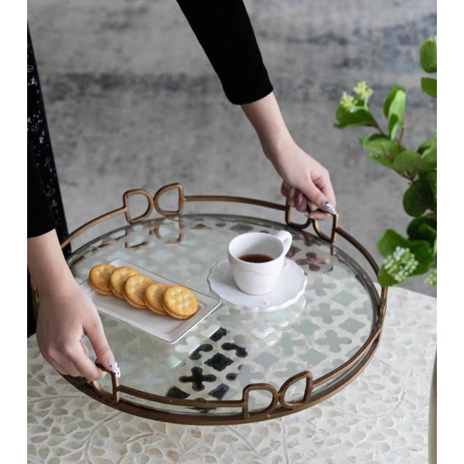 صينية تقديم معدن ذهبي زجاج بتصميم عصري متوفر الحجمين  7653