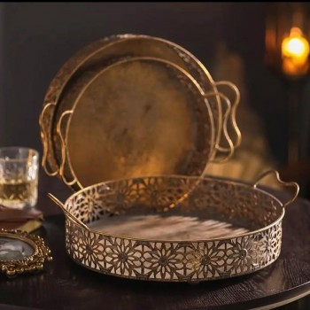  طقم صينيه معدن ذهبي معتق مشغول يدويا فاخره 3 قطع 8099