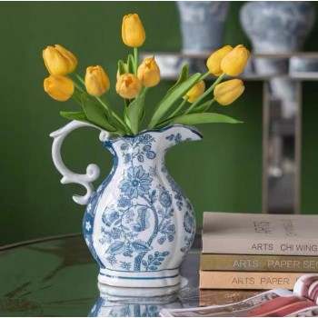 فازه أبريق بزخارف ورد ريفيه زرقاء مثالي لديكور المنزل 7468