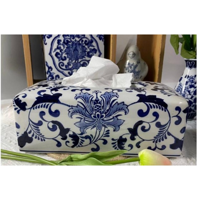 علبة مناديل سيراميك بزخارف ورد زرقاء 6987