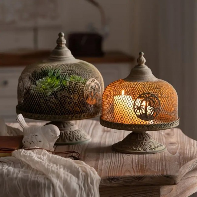 حامل شموع بغطا معدن بستايل فينتج متوفر الحجمين 8074