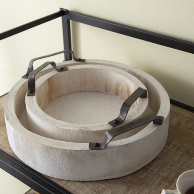 طقم صينيه خشب دائري بمقبض معدن 5 قطع مختلفة الاحجام 7662