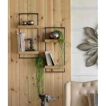 رف جداري بأرفف خشب طبيعي وحامل معدن أسود فاخر 7752