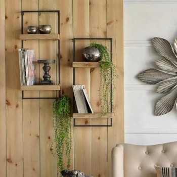 رف جداري بأرفف خشب طبيعي وحامل معدن أسود فاخر 7752