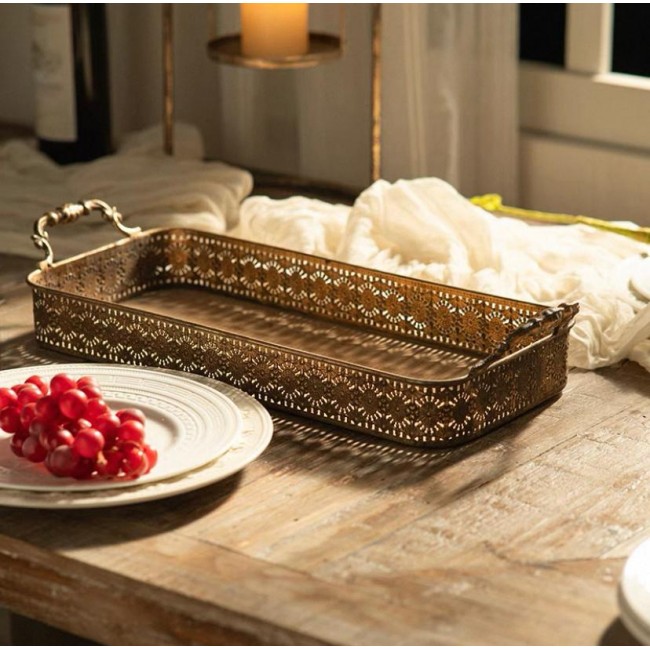 طقم صينيه تقديم ذهبي معتق بنقوش أنيقه 2قطعه 7891