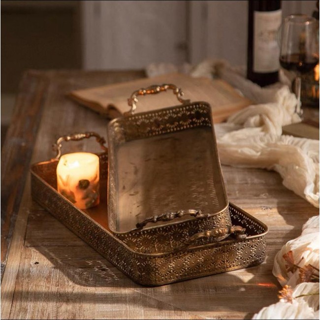 طقم صينيه تقديم ذهبي معتق بنقوش أنيقه 2قطعه 7891