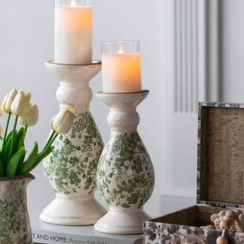 شمعدان سيراميك بنقور الورد الخضراء بتصميم ريفي متوفر حجمين7445