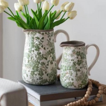 فازه أبريق سيراميك بنقوش الورد الخضراء فينتج ستايل متوفر الحجمين 7449