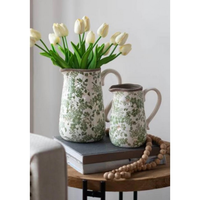 فازه أبريق سيراميك بنقوش الورد الخضراء فينتج ستايل متوفر الحجمين 7449 فازه أبريق سيراميك بنقوش الورد الخضراء فينتج ستايل متوفر الحجمين 7449